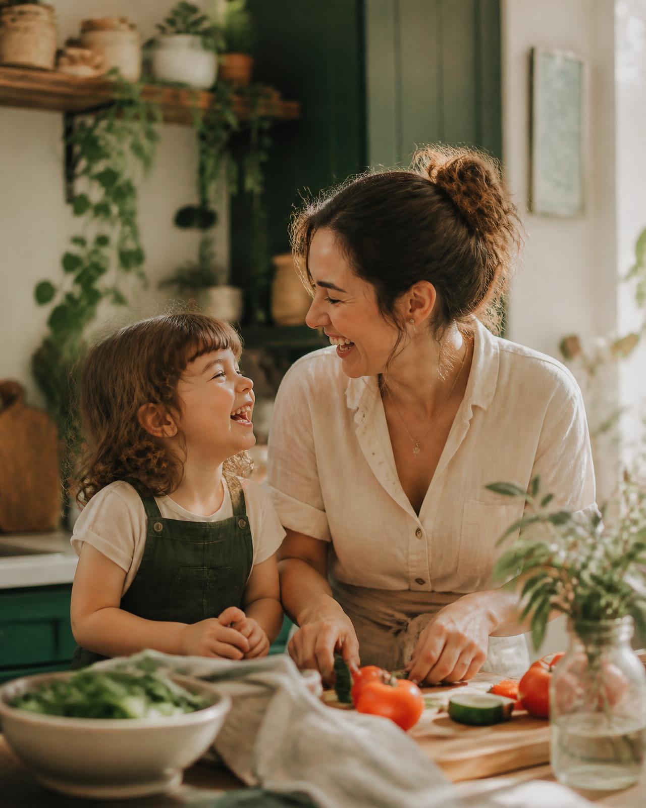 A mother and child together in a warm, sunlit kitchen